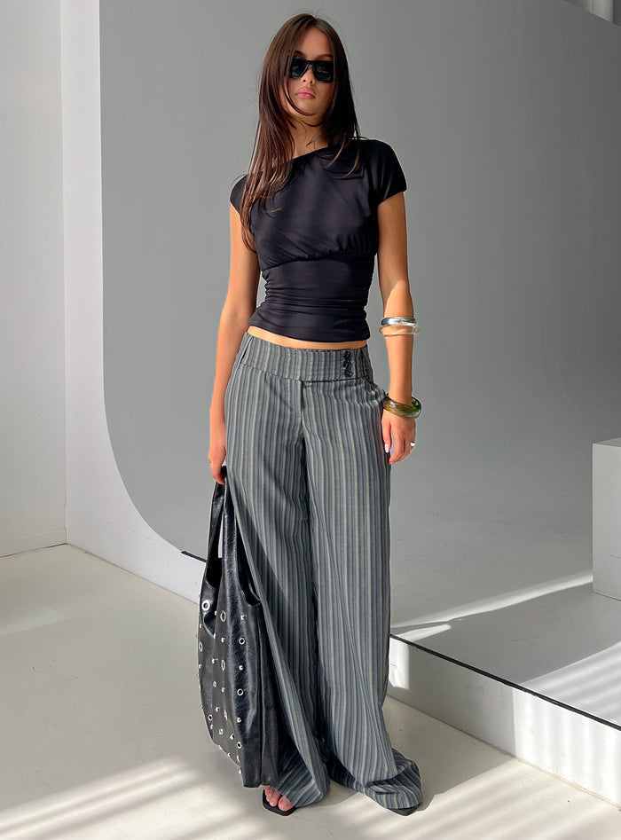side view of model wearing Princess Polly Cedars Low Rise Pant Grey Stripe Low Rise Pants