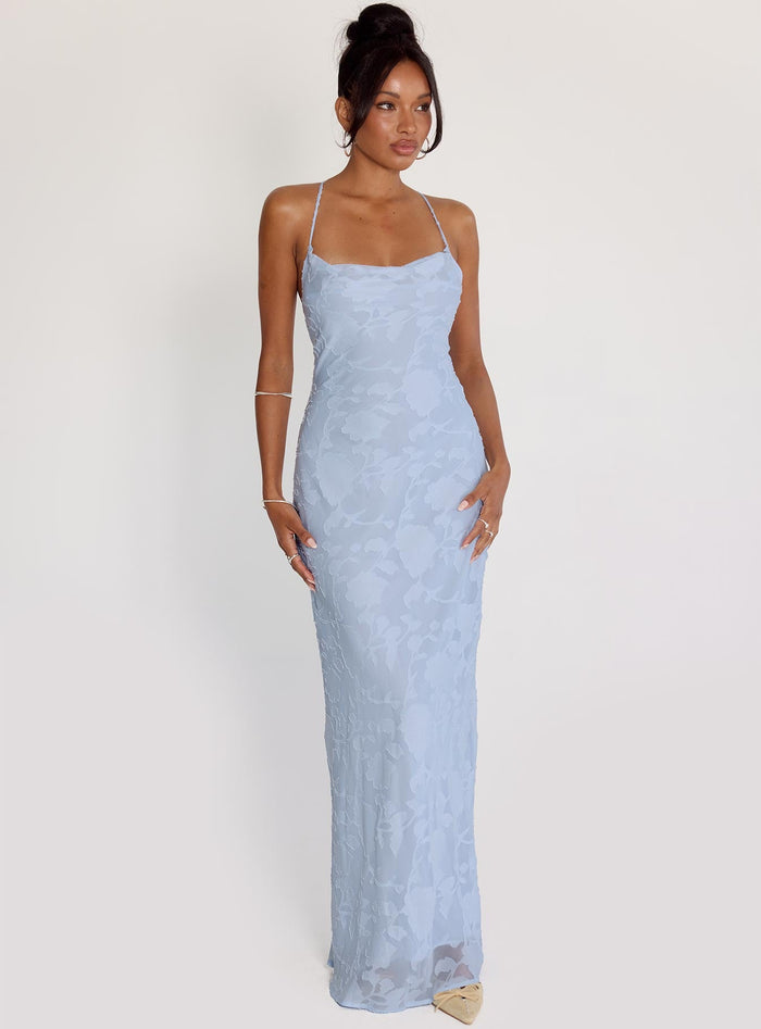 front view of model wearing Princess Polly Celena Maxi Dress Blue Burnout Cowl Neck