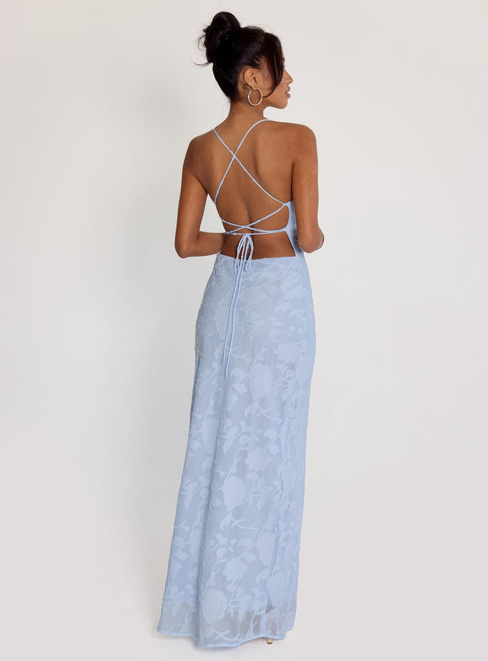 back view of model wearing Princess Polly Celena Maxi Dress Blue Burnout Cowl Neck