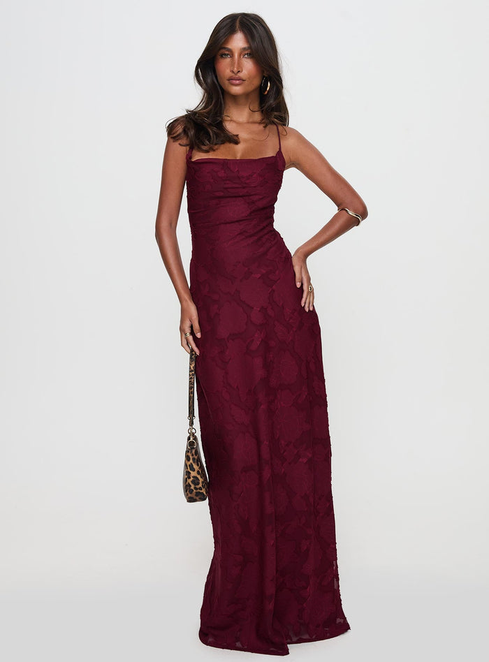 front view of model wearing Princess Polly Celena Maxi Dress Burgundy Cowl Neck