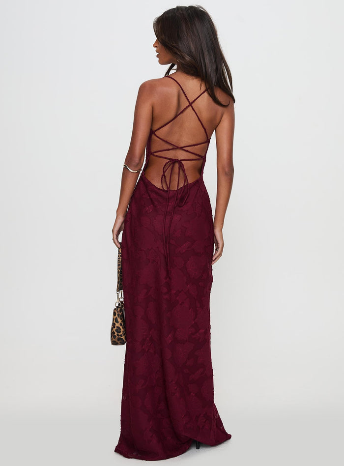 back view of model wearing Princess Polly Celena Maxi Dress Burgundy Cowl Neck