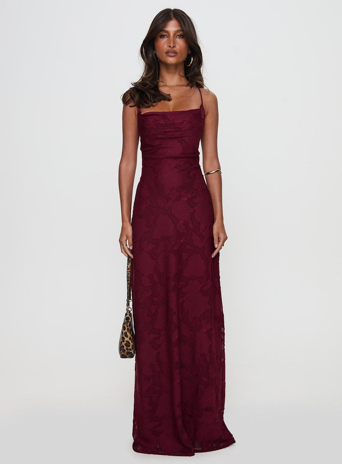 side view of model wearing Princess Polly Celena Maxi Dress Burgundy Cowl Neck