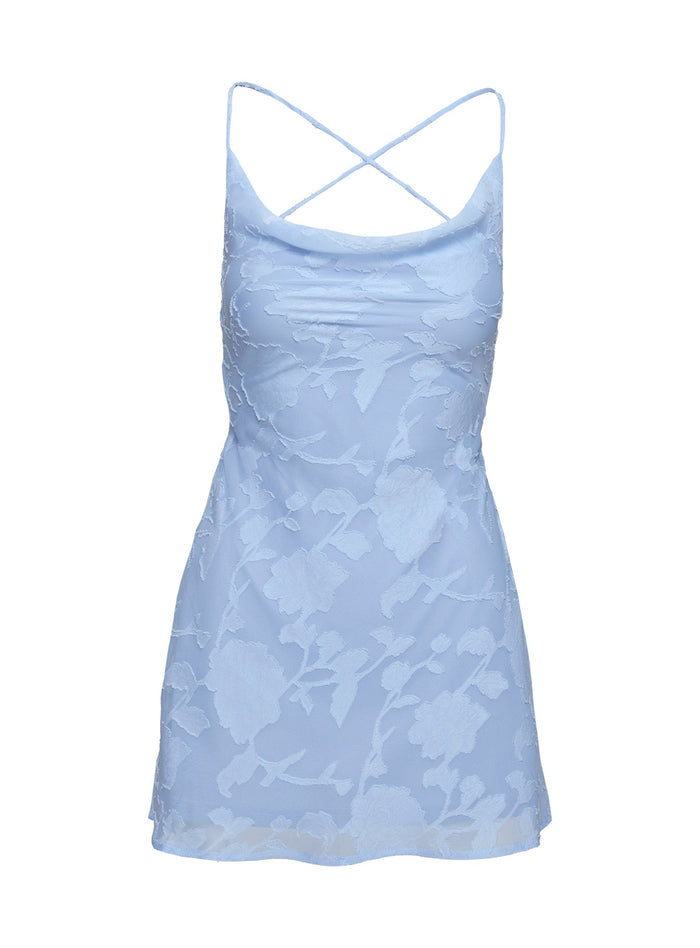 back view of model wearing Princess Polly Celena Mini Dress Light Blue Cowl Neck