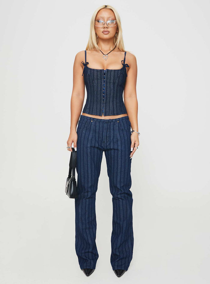 front view of model wearing Princess Polly Charismatic Denim Corset Dark Pinstripe Sleeveless Square Neck