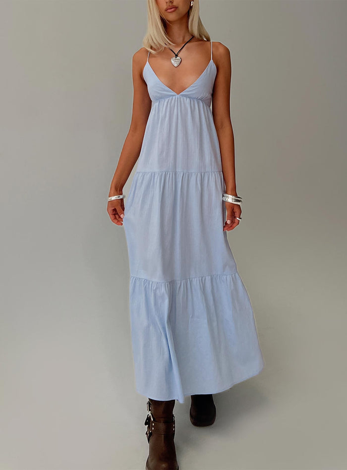 front view of model wearing Princess Polly Chelsea Maxi Dress Blue Plunger
