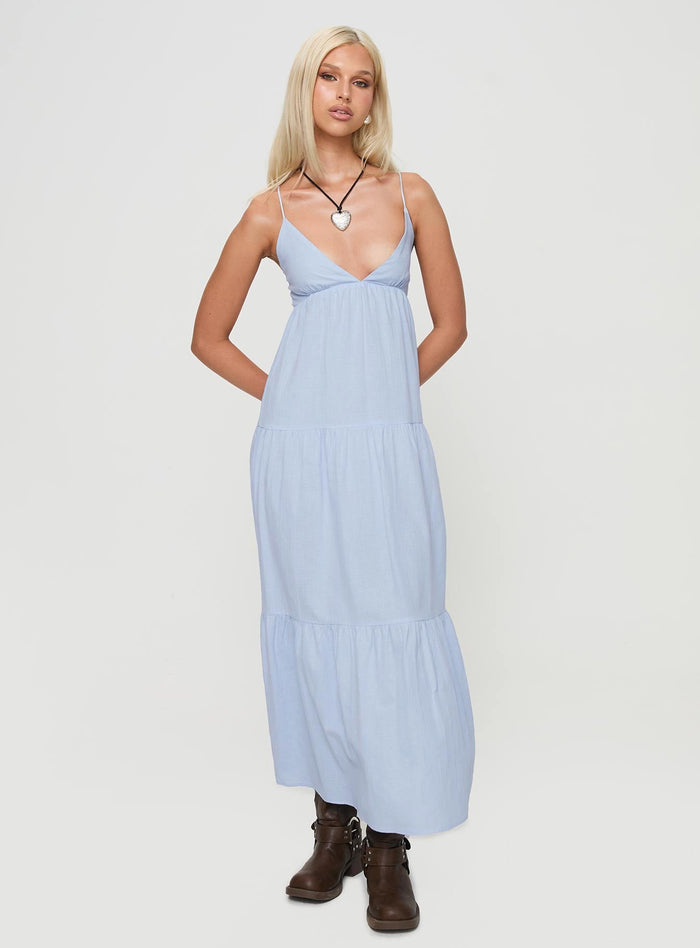 front view of model wearing Princess Polly Chelsea Maxi Dress Blue Plunger