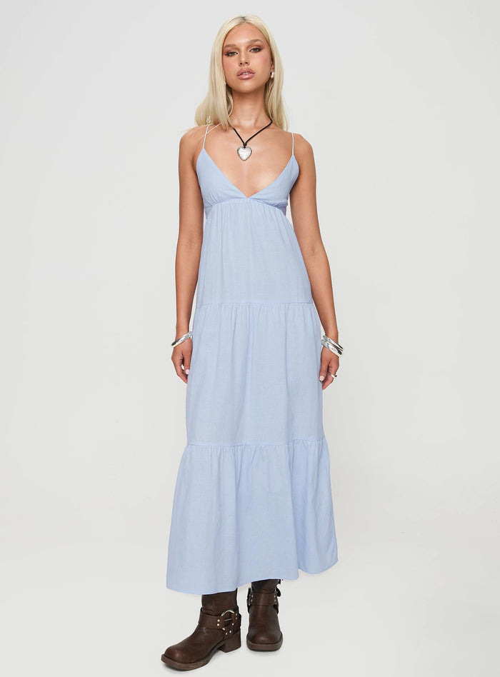 front view of model wearing Princess Polly Chelsea Maxi Dress Blue Plunger