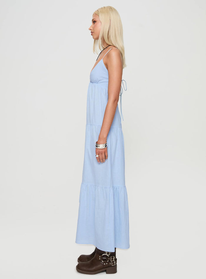 side view of model wearing Princess Polly Chelsea Maxi Dress Blue Plunger