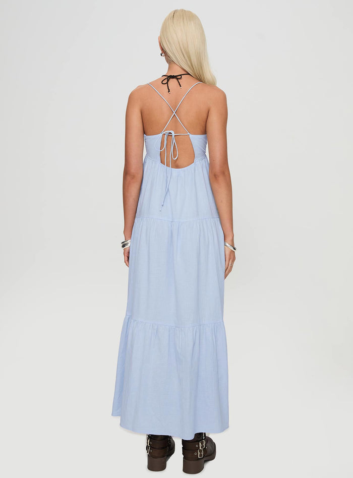 back view of model wearing Princess Polly Chelsea Maxi Dress Blue Plunger