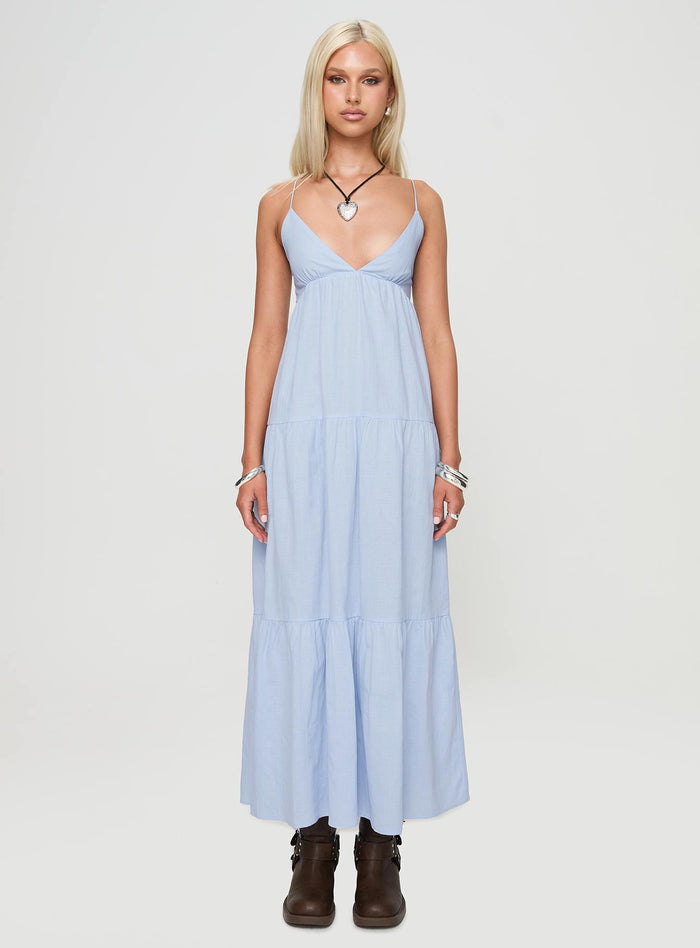 side view of model wearing Princess Polly Chelsea Maxi Dress Blue Plunger
