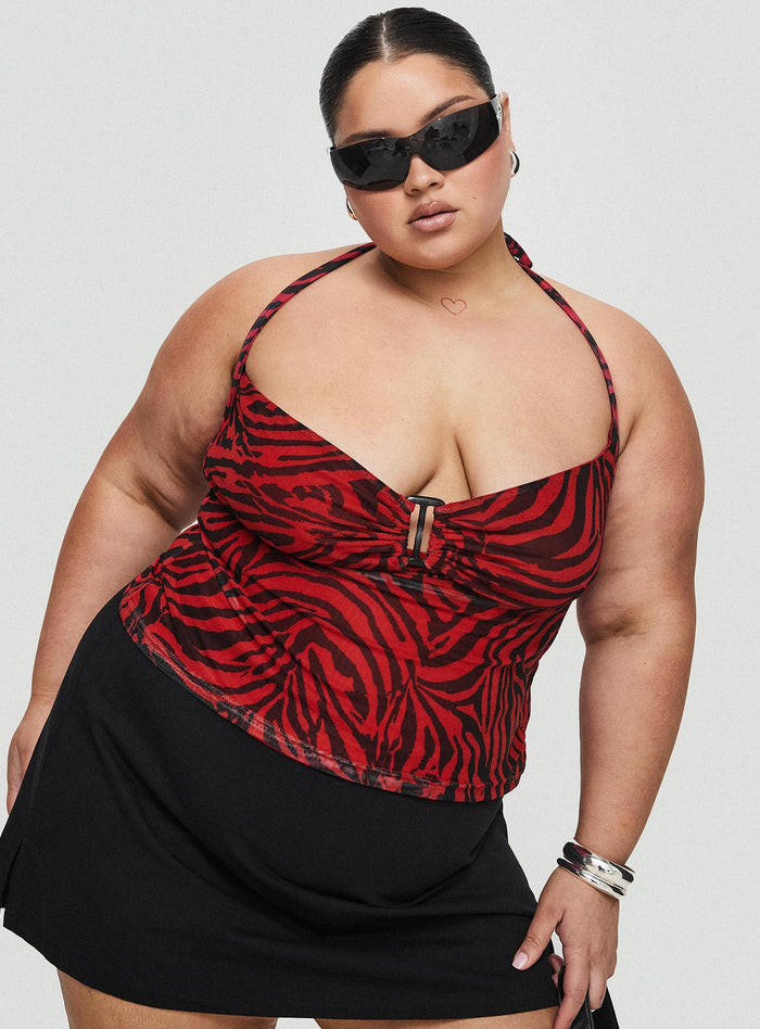 side view of model wearing Princess Polly Cielo Mesh Halter Top Red Zebra Curve Sleeveless Plunger