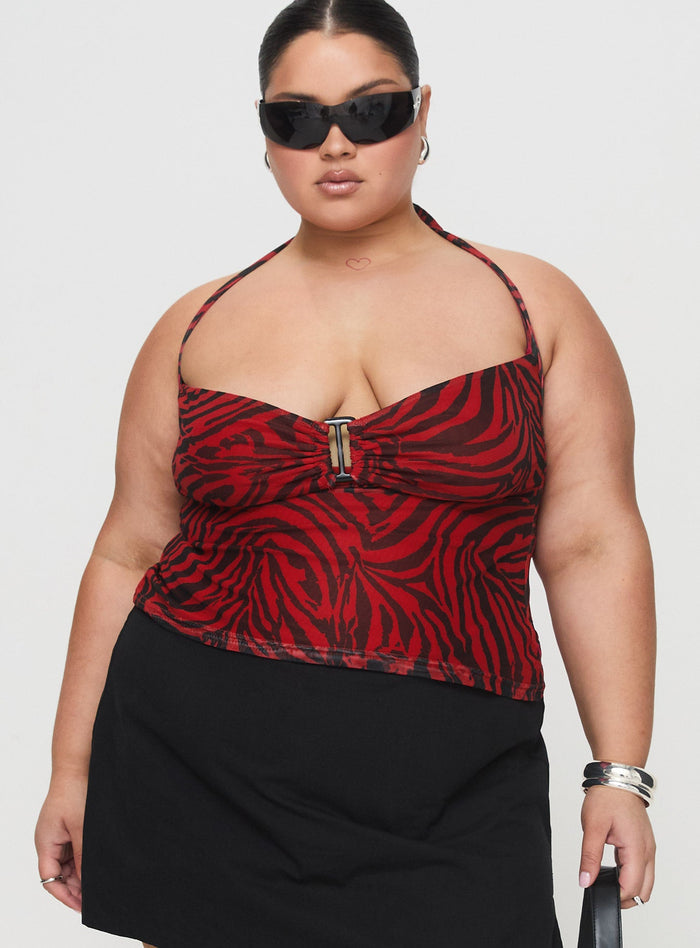 front view of model wearing Princess Polly Cielo Mesh Halter Top Red Zebra Curve Sleeveless Plunger