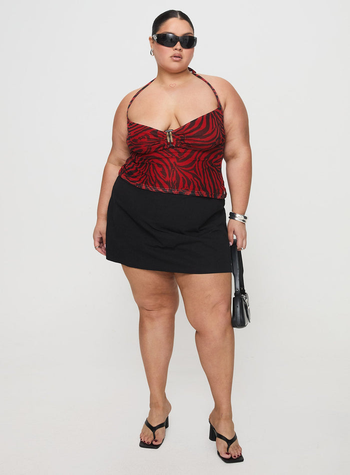 front view of model wearing Princess Polly Cielo Mesh Halter Top Red Zebra Curve Sleeveless Plunger