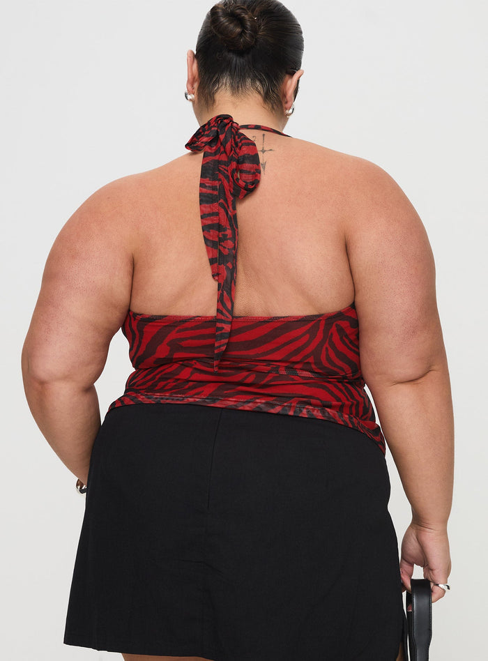back view of model wearing Princess Polly Cielo Mesh Halter Top Red Zebra Curve Sleeveless Plunger