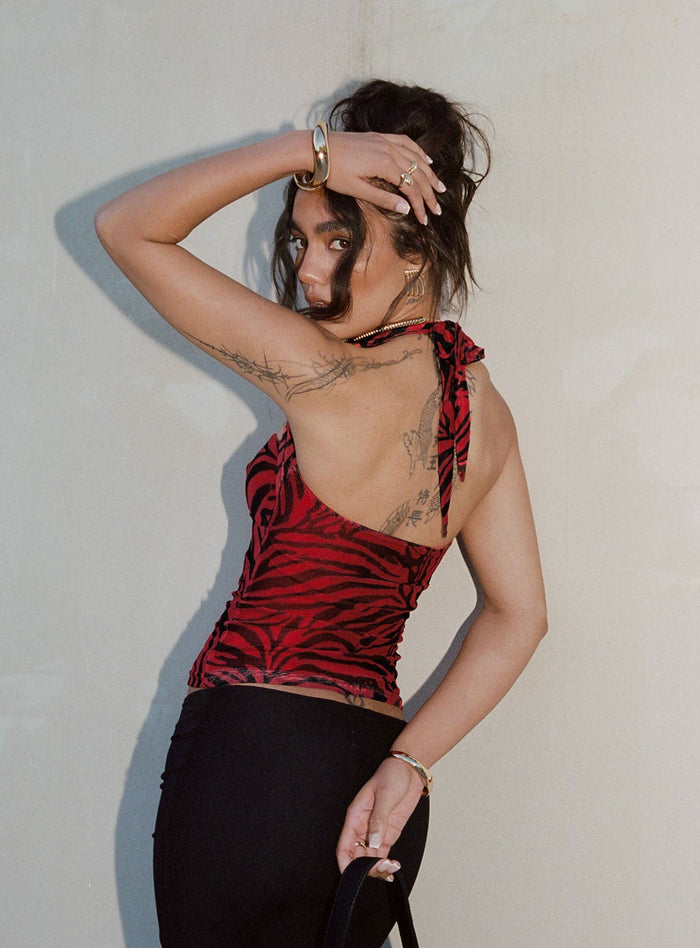 back view of model wearing Princess Polly Cielo Mesh Halter Top Red Zebra Sleeveless Sweetheart