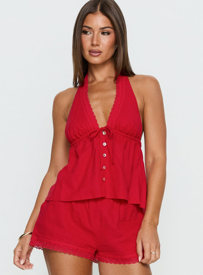 Cloud Crush Linen Halter Top Red