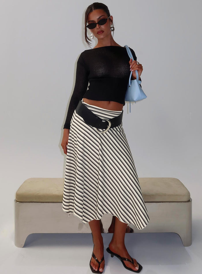 front view of model wearing Princess Polly Cobee Asymmetrical Midi Skirt Multi Stripe Midi Skirts