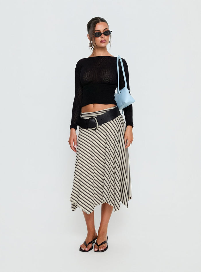 side view of model wearing Princess Polly Cobee Asymmetrical Midi Skirt Multi Stripe Midi Skirts