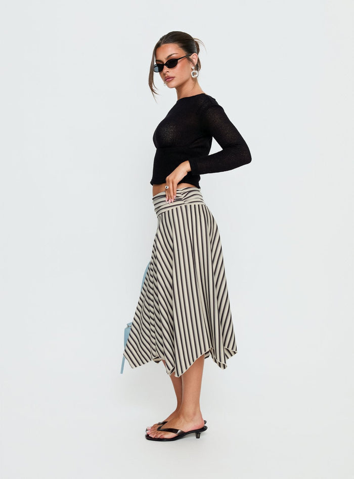 side view of model wearing Princess Polly Cobee Asymmetrical Midi Skirt Multi Stripe Midi Skirts