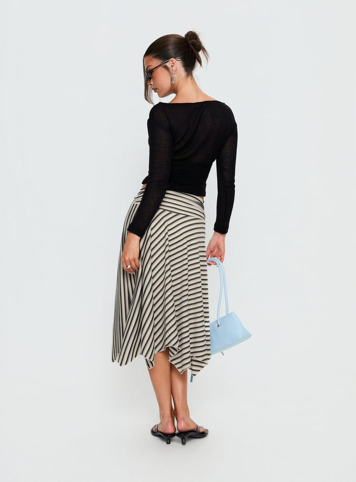 back view of model wearing Princess Polly Cobee Asymmetrical Midi Skirt Multi Stripe Midi Skirts