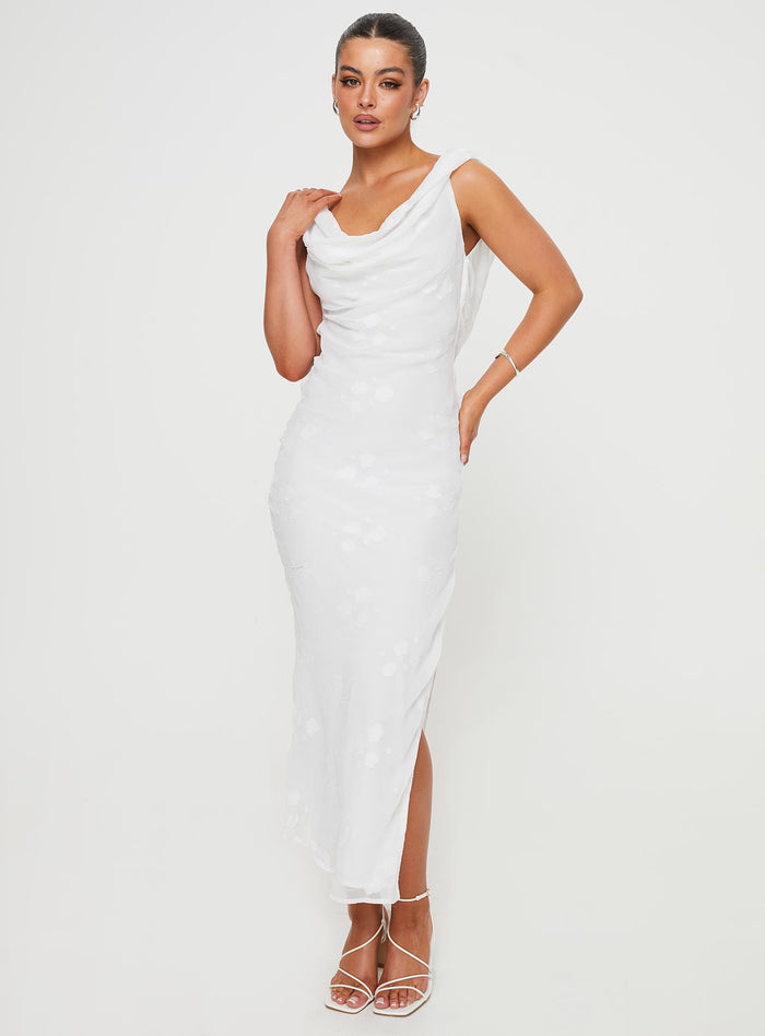 front view of model wearing Princess Polly Contessa Maxi Dress White Cowl Neck