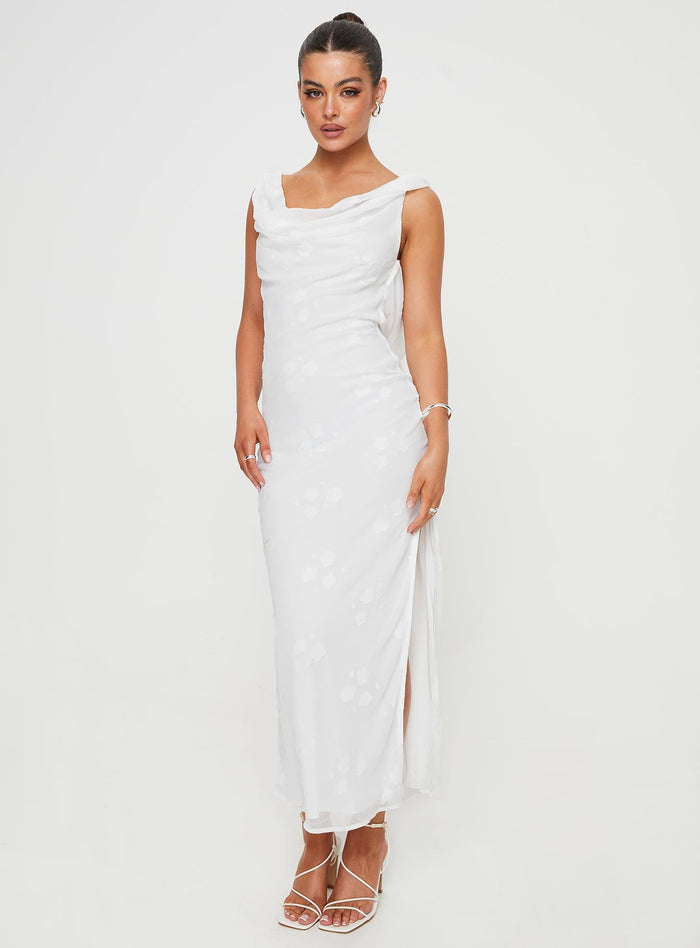front view of model wearing Princess Polly Contessa Maxi Dress White Cowl Neck
