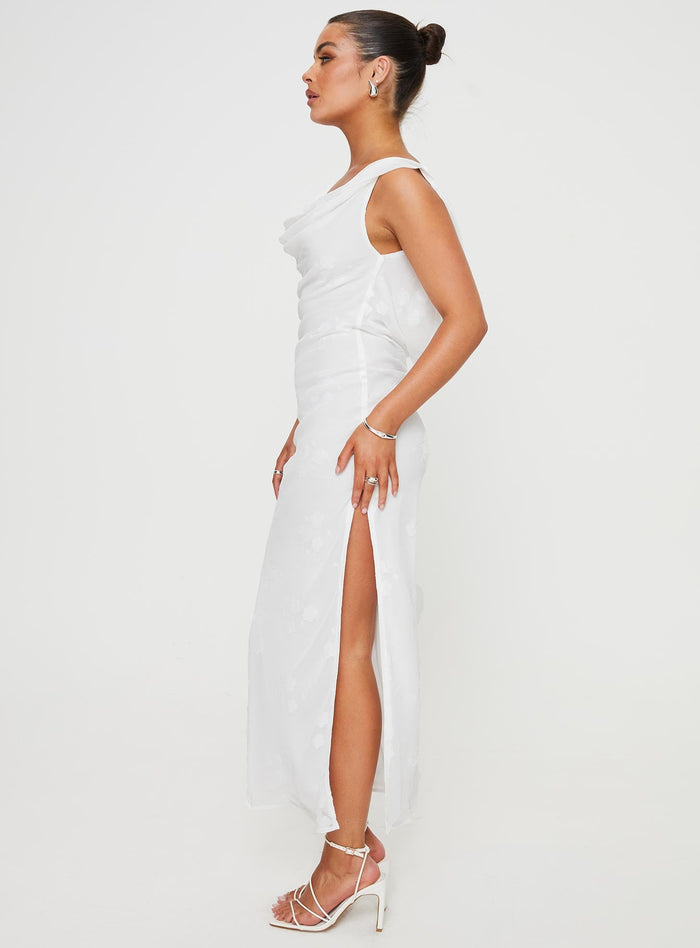 side view of model wearing Princess Polly Contessa Maxi Dress White Cowl Neck