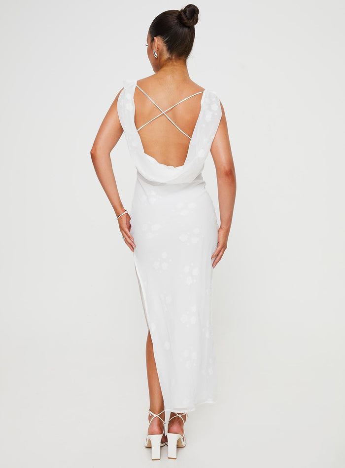 back view of model wearing Princess Polly Contessa Maxi Dress White Cowl Neck