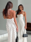 Costella Halter Satin Maxi Dress Cream Polka Dot