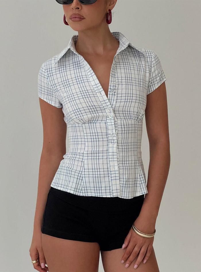 front view of model wearing Princess Polly Cottesloe Blouse Top Blue Check Short Sleeves V-Neck