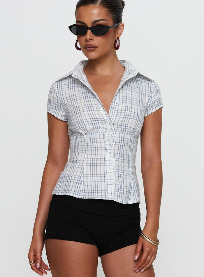 front view of model wearing Princess Polly Cottesloe Blouse Top Blue Check Short Sleeves V-Neck