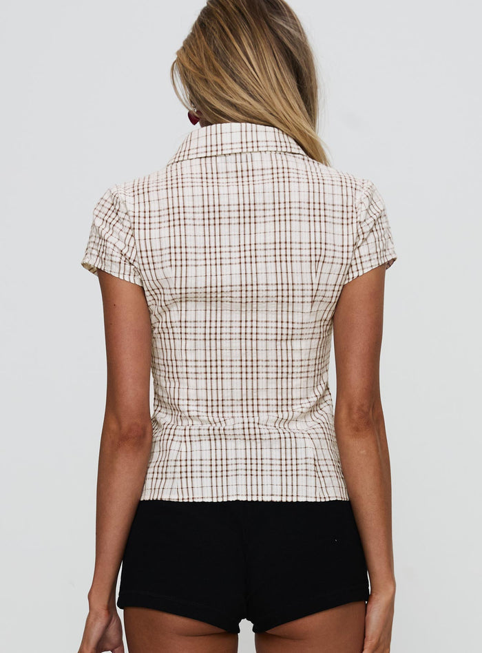 back view of model wearing Princess Polly Cottesloe Blouse Top Brown Check Short Sleeves V-Neck