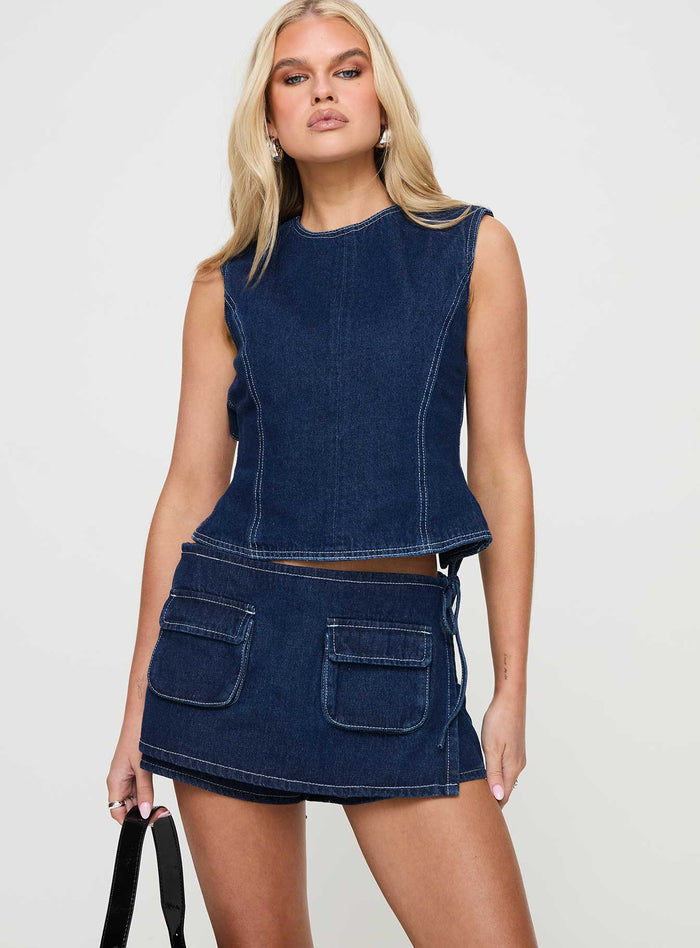 front view of model wearing Princess Polly Countryside Skort Blue Denim Low Rise Shorts