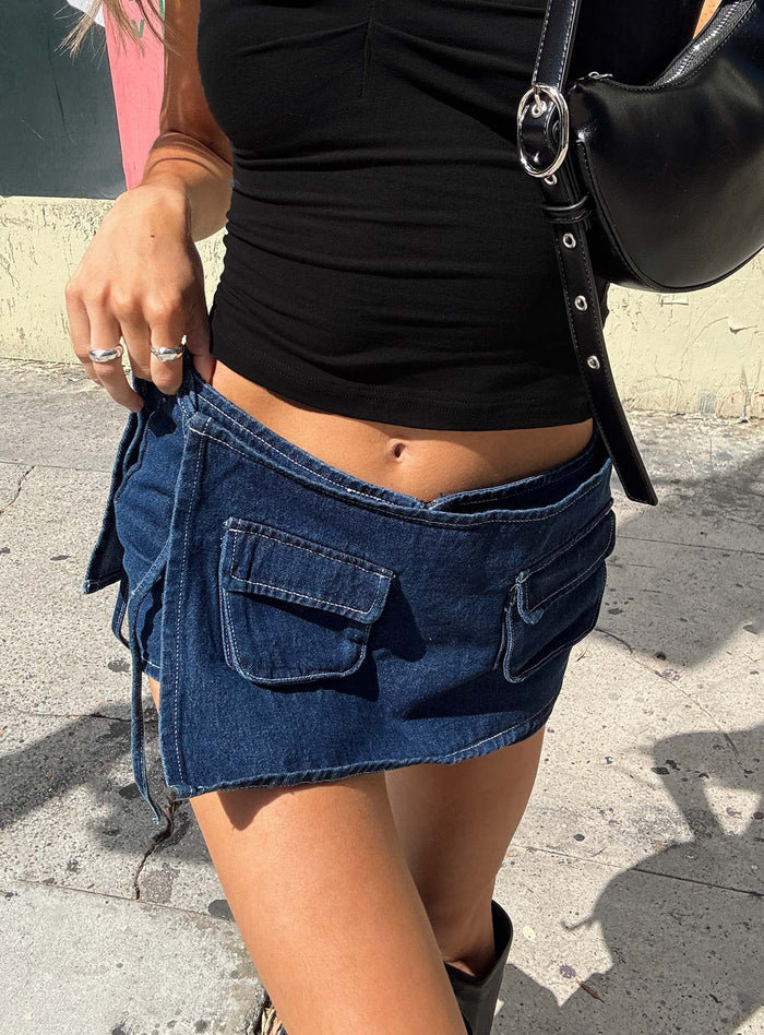 back view of model wearing Princess Polly Countryside Skort Blue Denim Low Rise Shorts