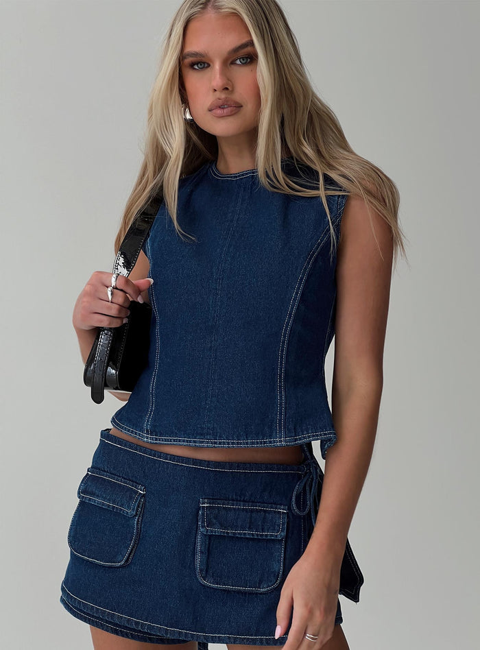side view of model wearing Princess Polly Countryside Skort Blue Denim Low Rise Shorts