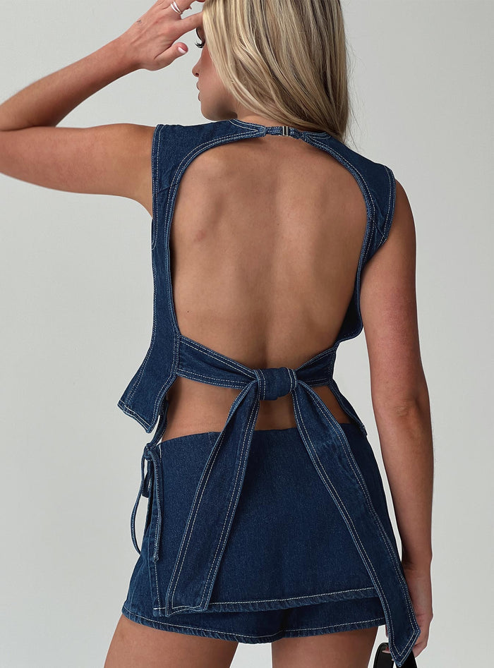 back view of model wearing Princess Polly Countryside Top Denim Sleeveless Crew Neck