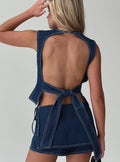 back view of model wearing Princess Polly Countryside Top Denim Sleeveless Crew Neck