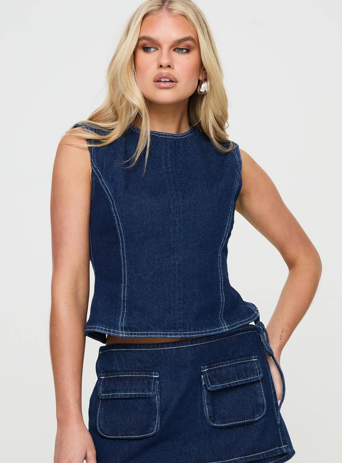 front view of model wearing Princess Polly Countryside Top Denim Sleeveless Crew Neck
