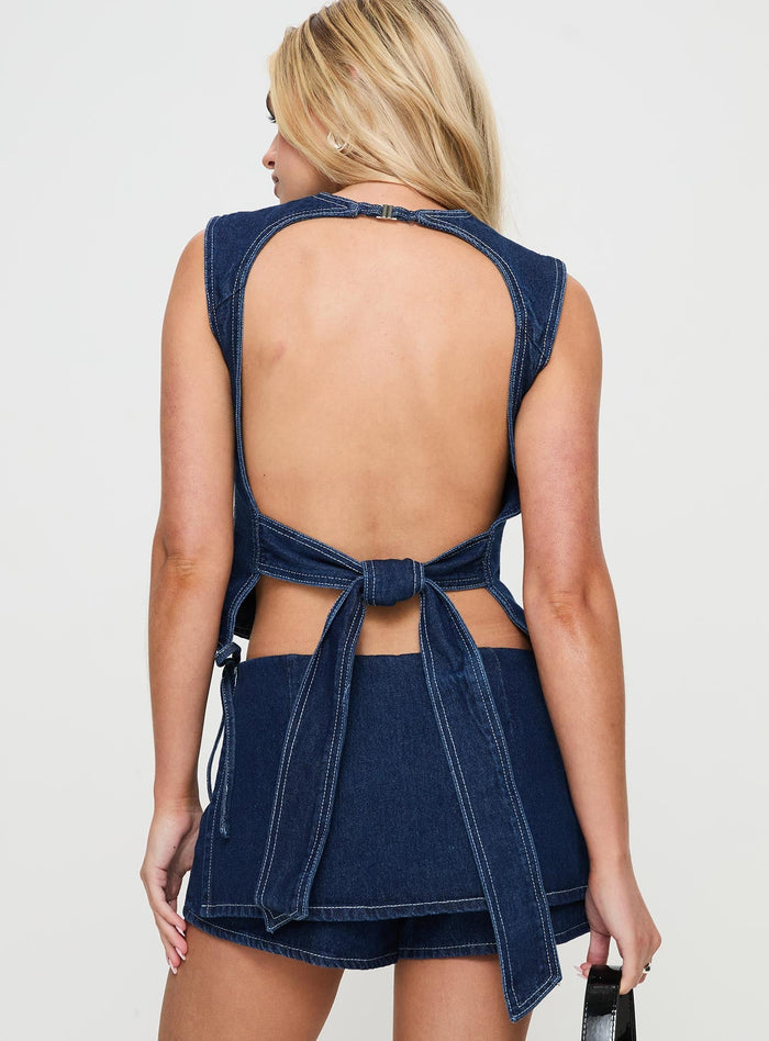 back view of model wearing Princess Polly Countryside Top Denim Sleeveless Crew Neck