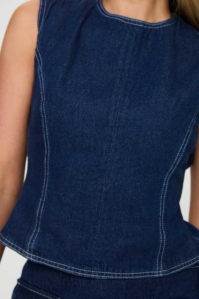 back view of model wearing Princess Polly Countryside Top Denim Sleeveless Crew Neck