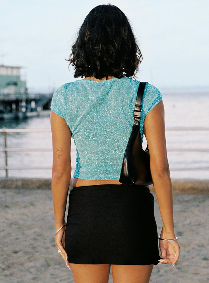 back view of model wearing Princess Polly Crystal Clear Mesh Top Aqua Short Sleeves High Neck