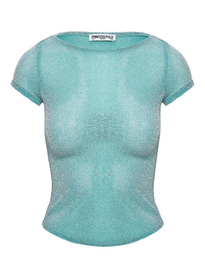back view of model wearing Princess Polly Crystal Clear Mesh Top Aqua Short Sleeves High Neck