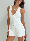 Romper Fixed shoulder straps, scooped neckline, button fastening down front Non-stretch material, unlined