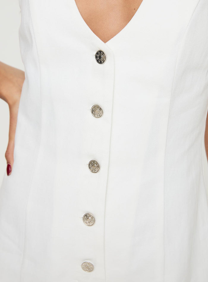 Romper Fixed shoulder straps, scooped neckline, button fastening down front Non-stretch material, unlined