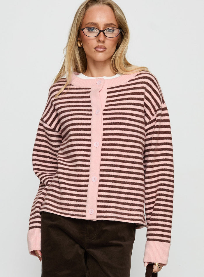 front view of model wearing Princess Polly Darnelle Button Up Knit Cardigan Pink Stripe Longline Jumpers