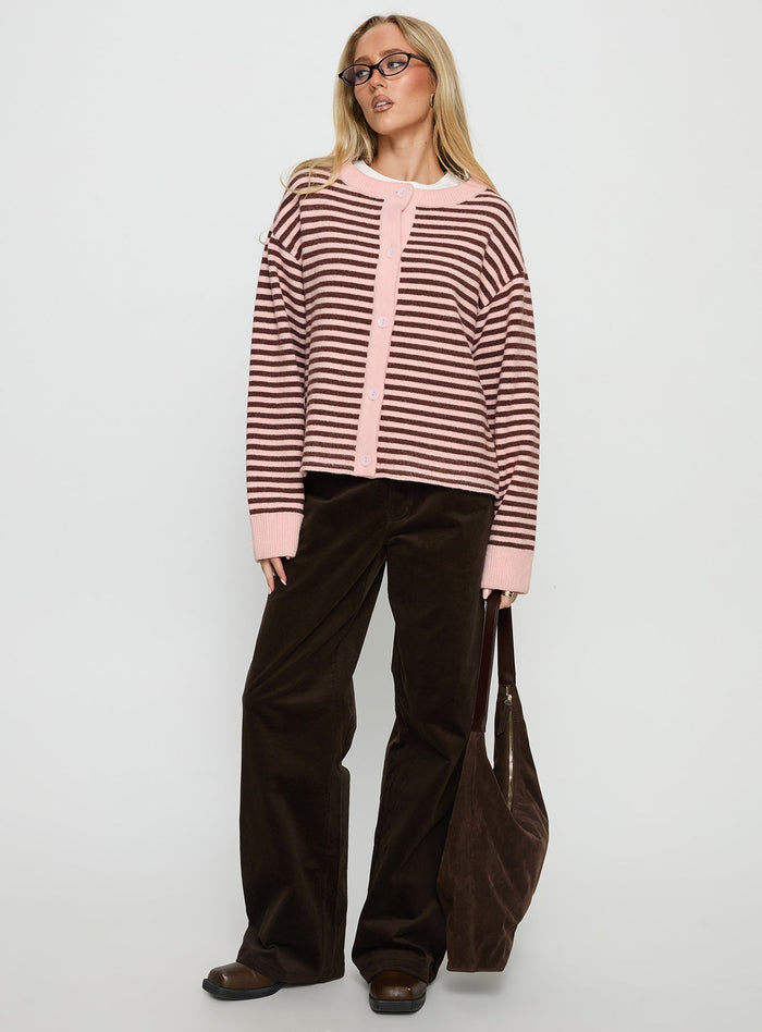 front view of model wearing Princess Polly Darnelle Button Up Knit Cardigan Pink Stripe Longline Jumpers