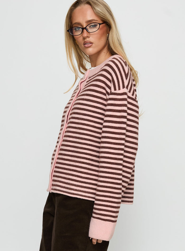 side view of model wearing Princess Polly Darnelle Button Up Knit Cardigan Pink Stripe Longline Jumpers