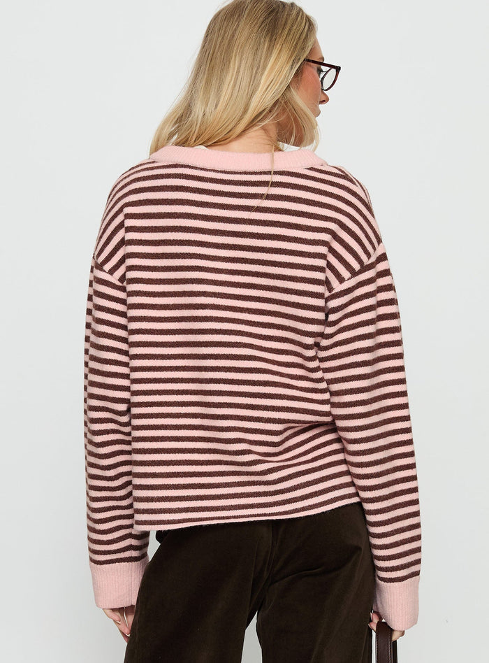 back view of model wearing Princess Polly Darnelle Button Up Knit Cardigan Pink Stripe Longline Jumpers