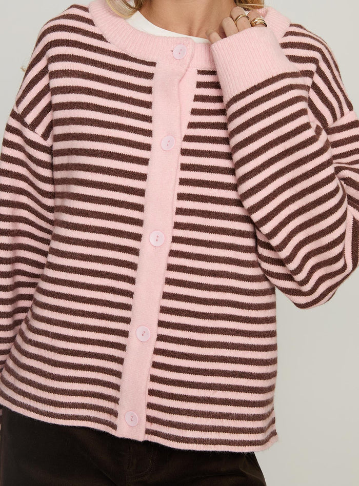 back view of model wearing Princess Polly Darnelle Button Up Knit Cardigan Pink Stripe Longline Jumpers