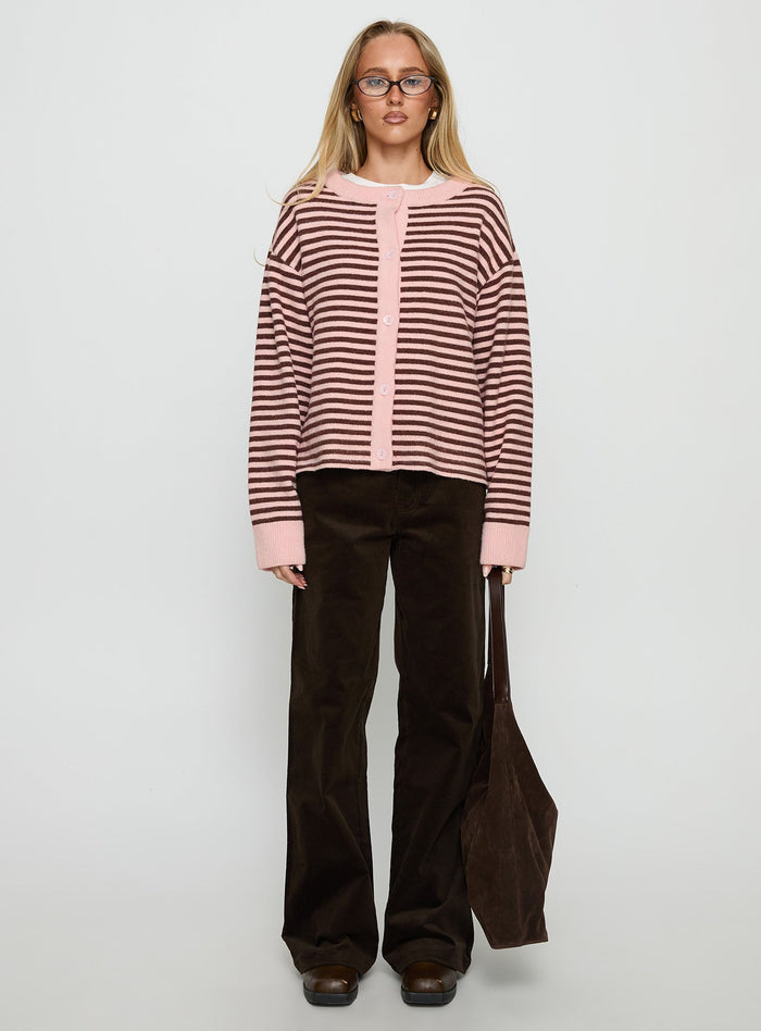 side view of model wearing Princess Polly Darnelle Button Up Knit Cardigan Pink Stripe Longline Jumpers